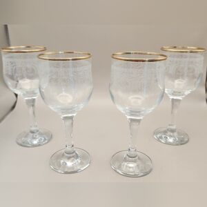 Cellini Blown Crystal Hand Etched W/24k Gold Rim Wine Glasses Italy Set Of 4